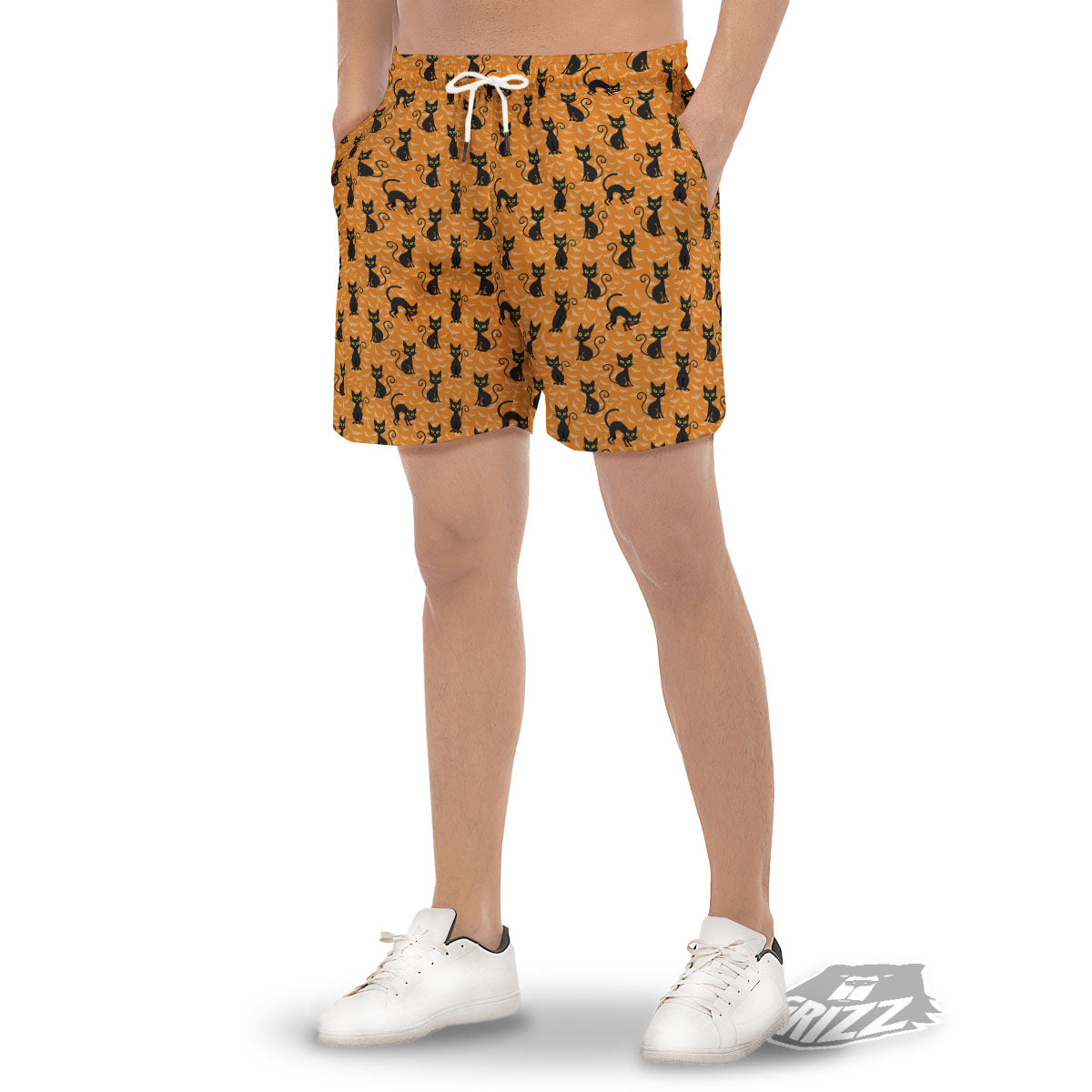 Black Cat Halloween Print Pattern Men's Gym Shorts-grizzshop