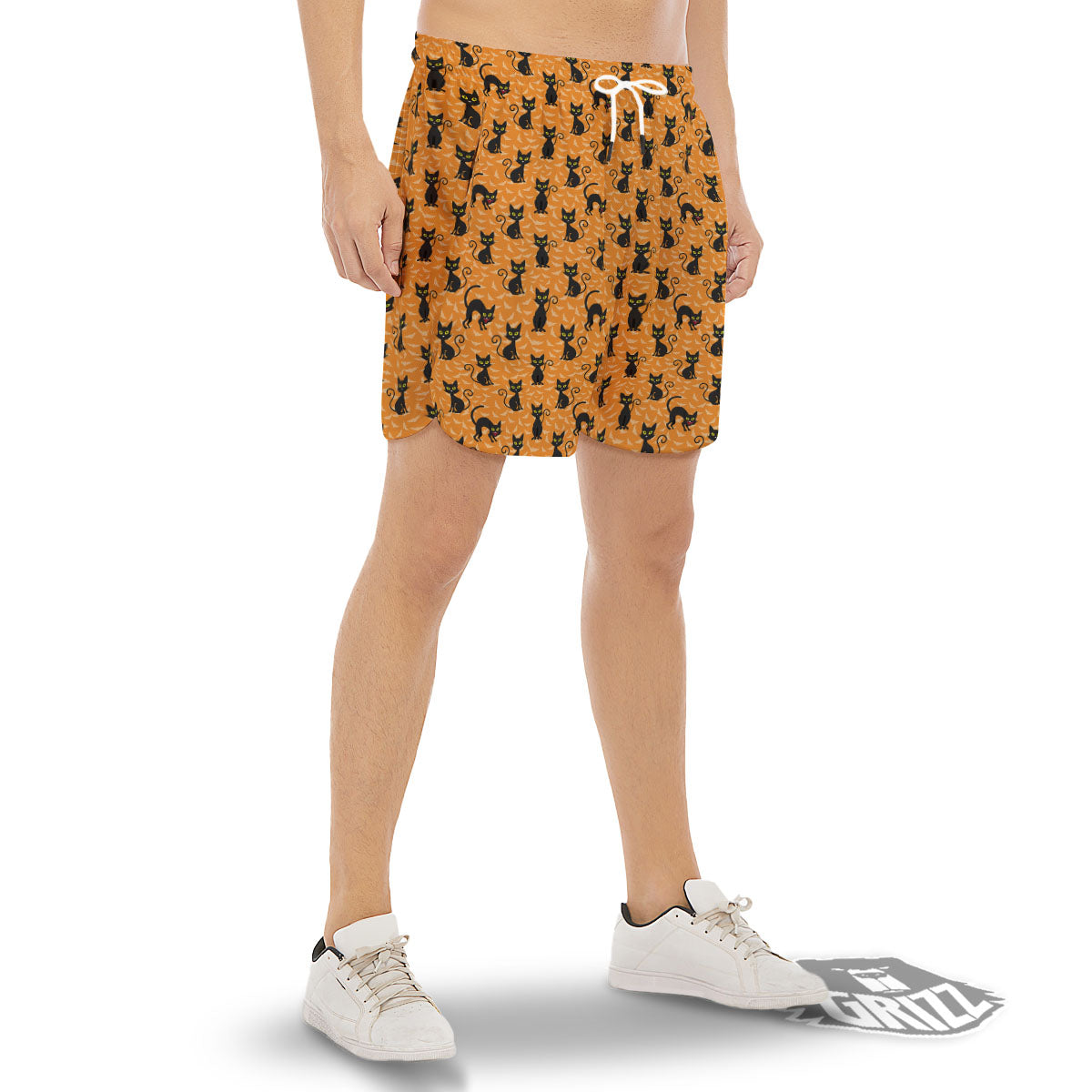 Black Cat Halloween Print Pattern Men's Gym Shorts-grizzshop