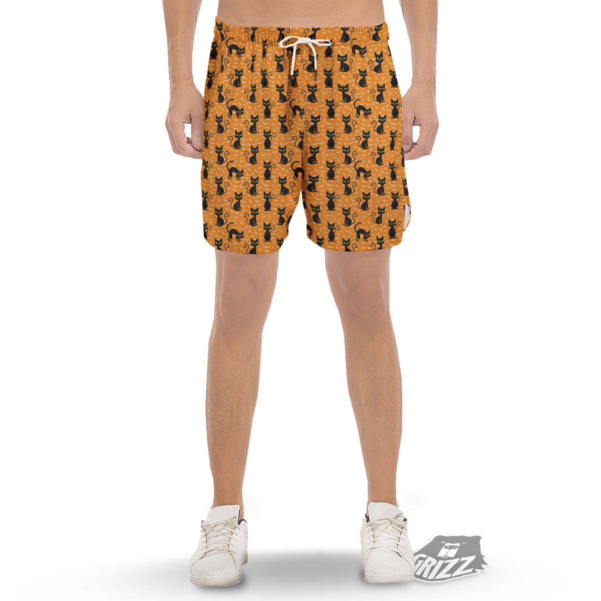 Black Cat Halloween Print Pattern Men's Gym Shorts-grizzshop