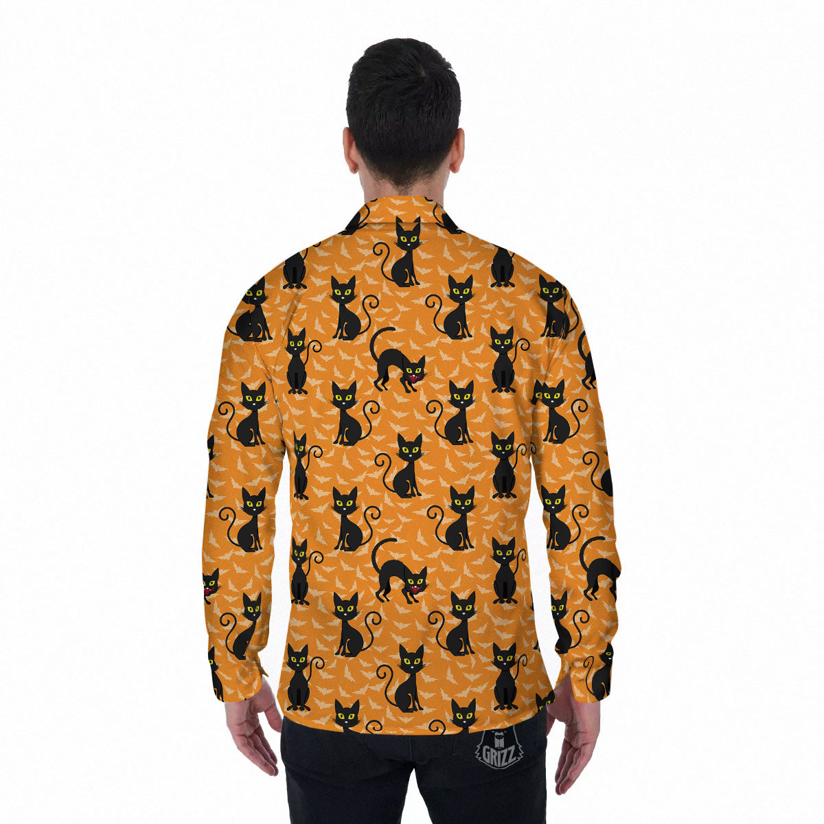 Black Cat Halloween Print Pattern Men's Long Sleeve Shirts-grizzshop