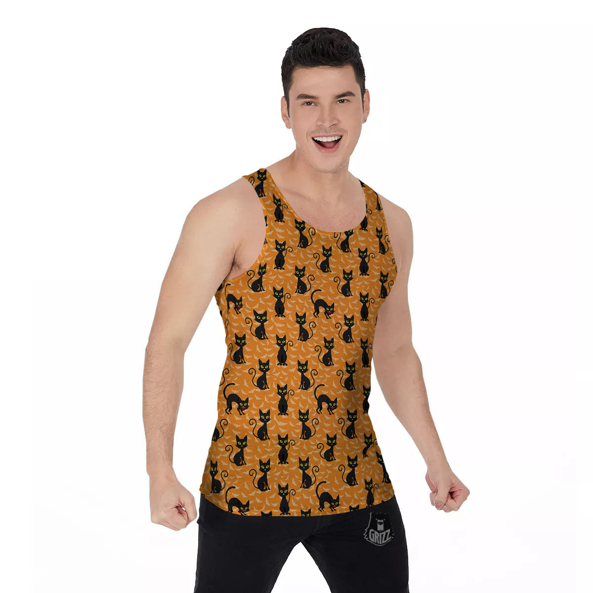 Black Cat Halloween Print Pattern Men's Tank Top-grizzshop