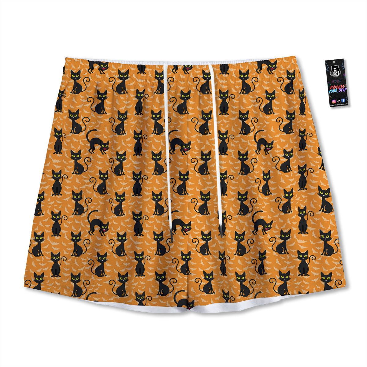 Black Cat Halloween Print Pattern Mesh Shorts