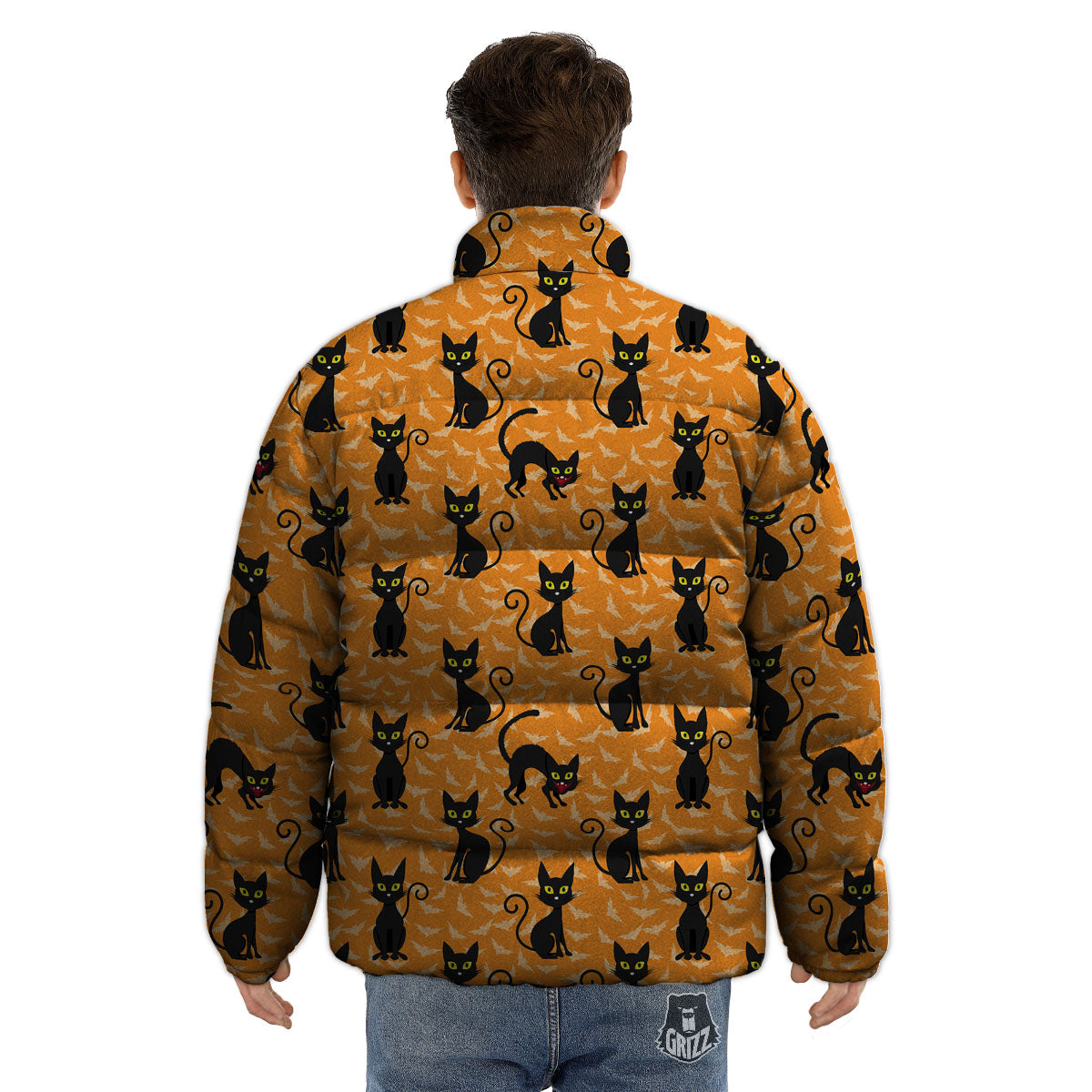 Black Cat Halloween Print Pattern Puffer Jacket-grizzshop
