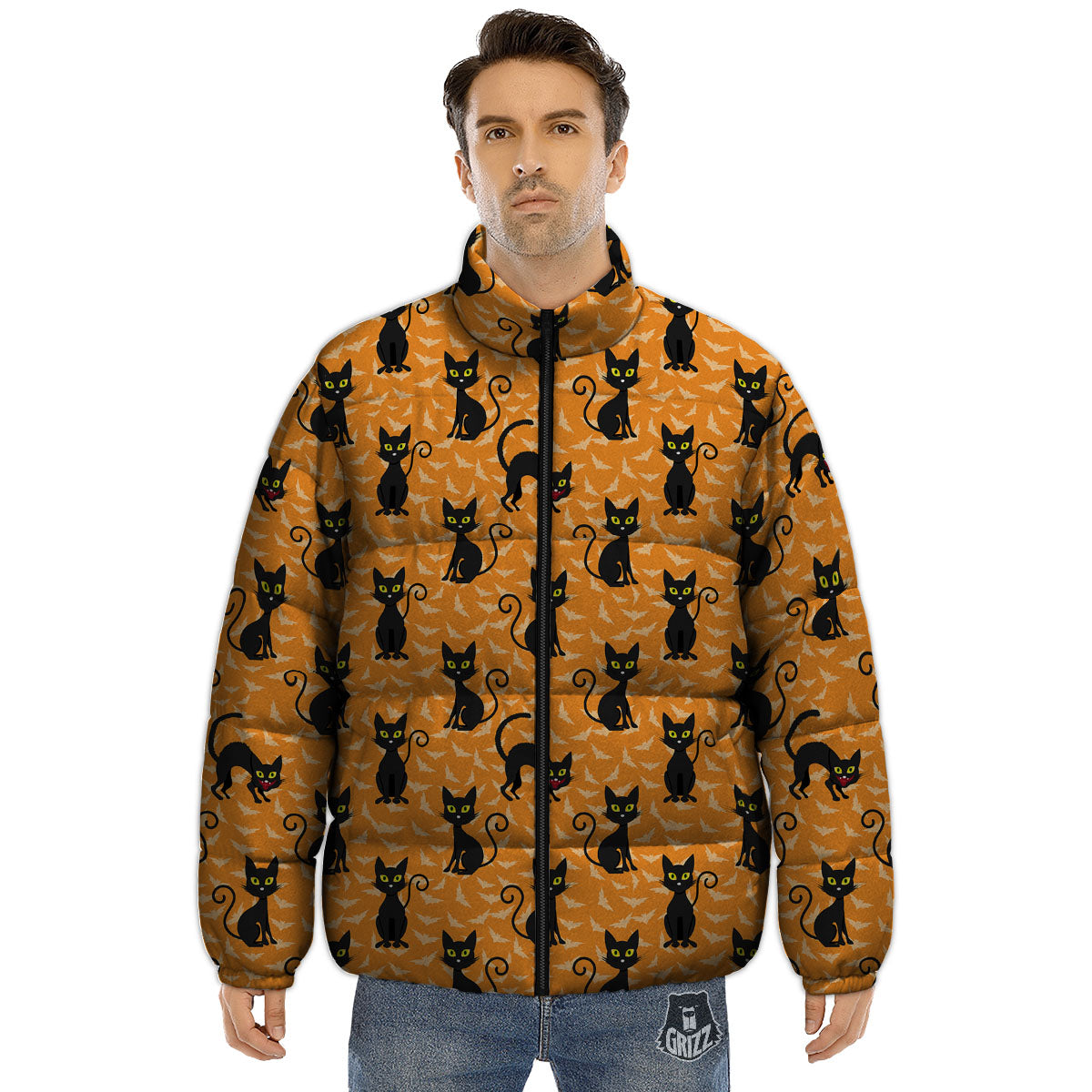 Black Cat Halloween Print Pattern Puffer Jacket-grizzshop