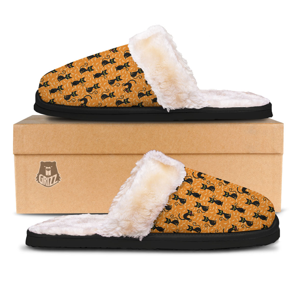 Black Cat Halloween Print Pattern Slippers-grizzshop