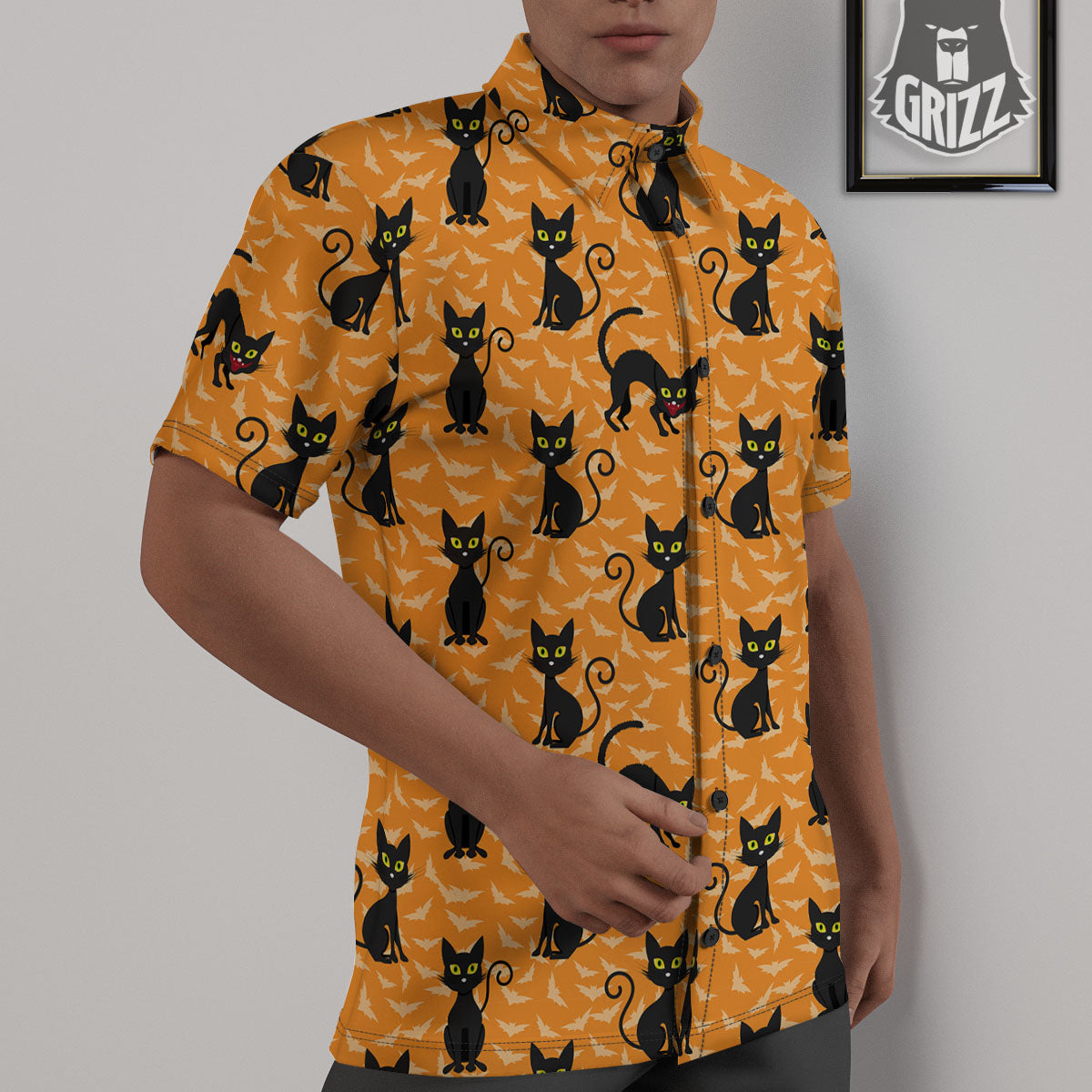 Black Cat Halloween Print Pattern Untucked Shirts-grizzshop