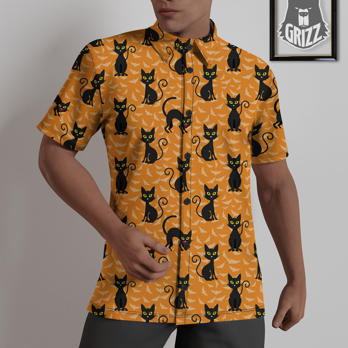 Black Cat Halloween Print Pattern Untucked Shirts-grizzshop