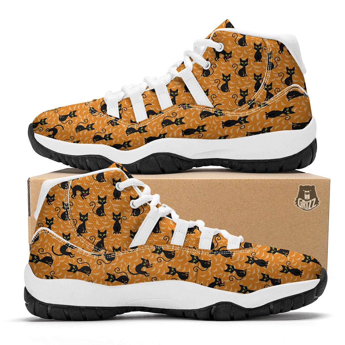 Black Cat Halloween Print Pattern White Bball Shoes-grizzshop