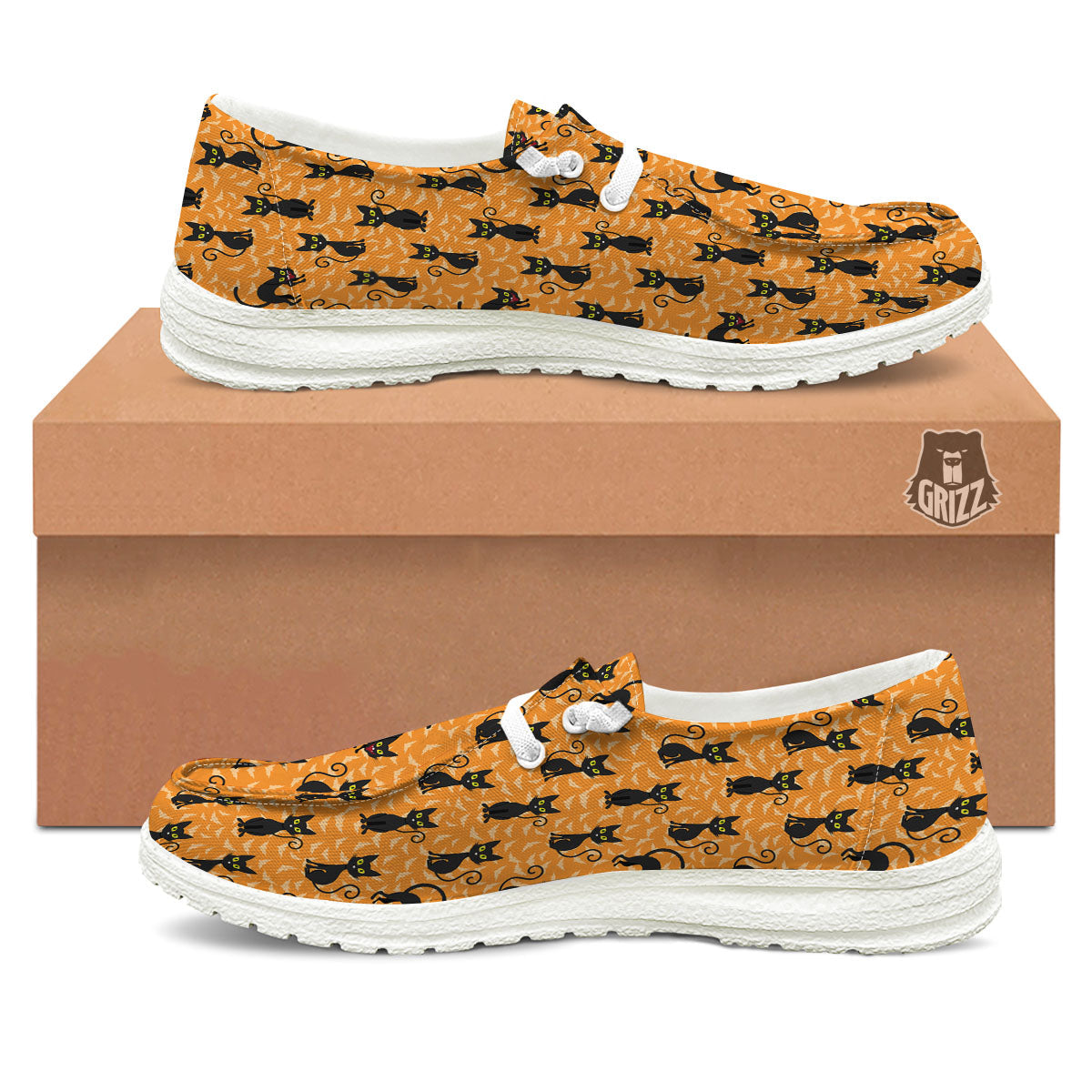 Black Cat Halloween Print Pattern White Loafers-grizzshop