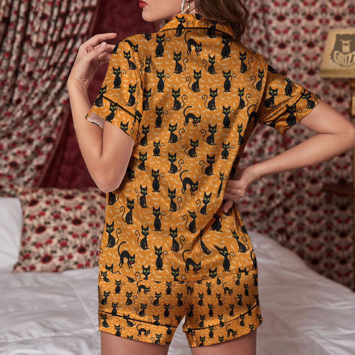 Black Cat Halloween Print Pattern Women Silk Pajamas-grizzshop