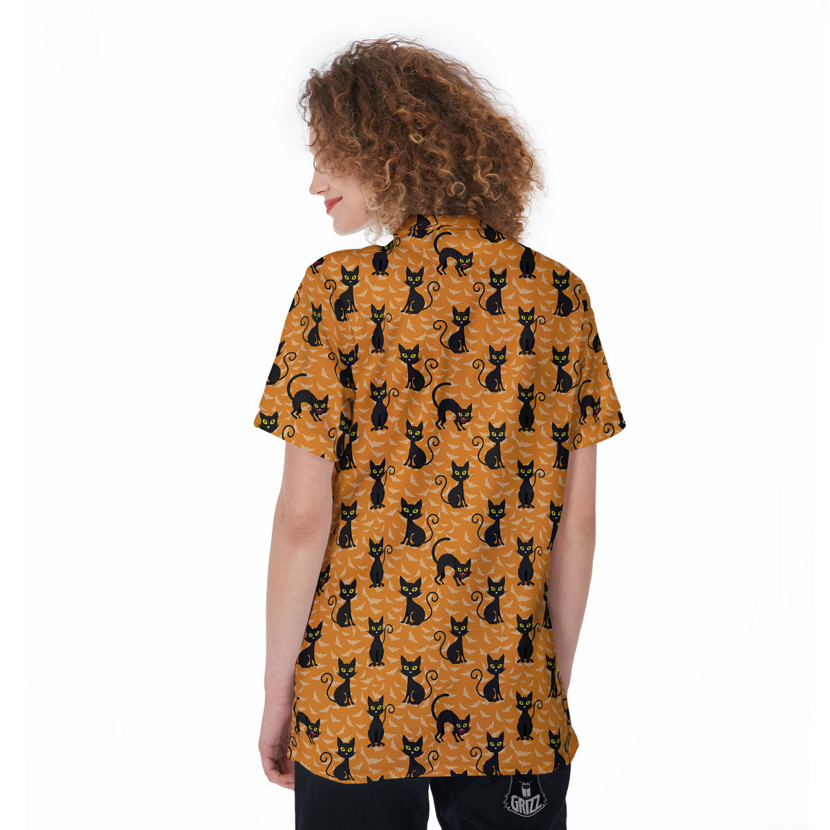 Black Cat Halloween Print Pattern Women's Golf Shirts-grizzshop