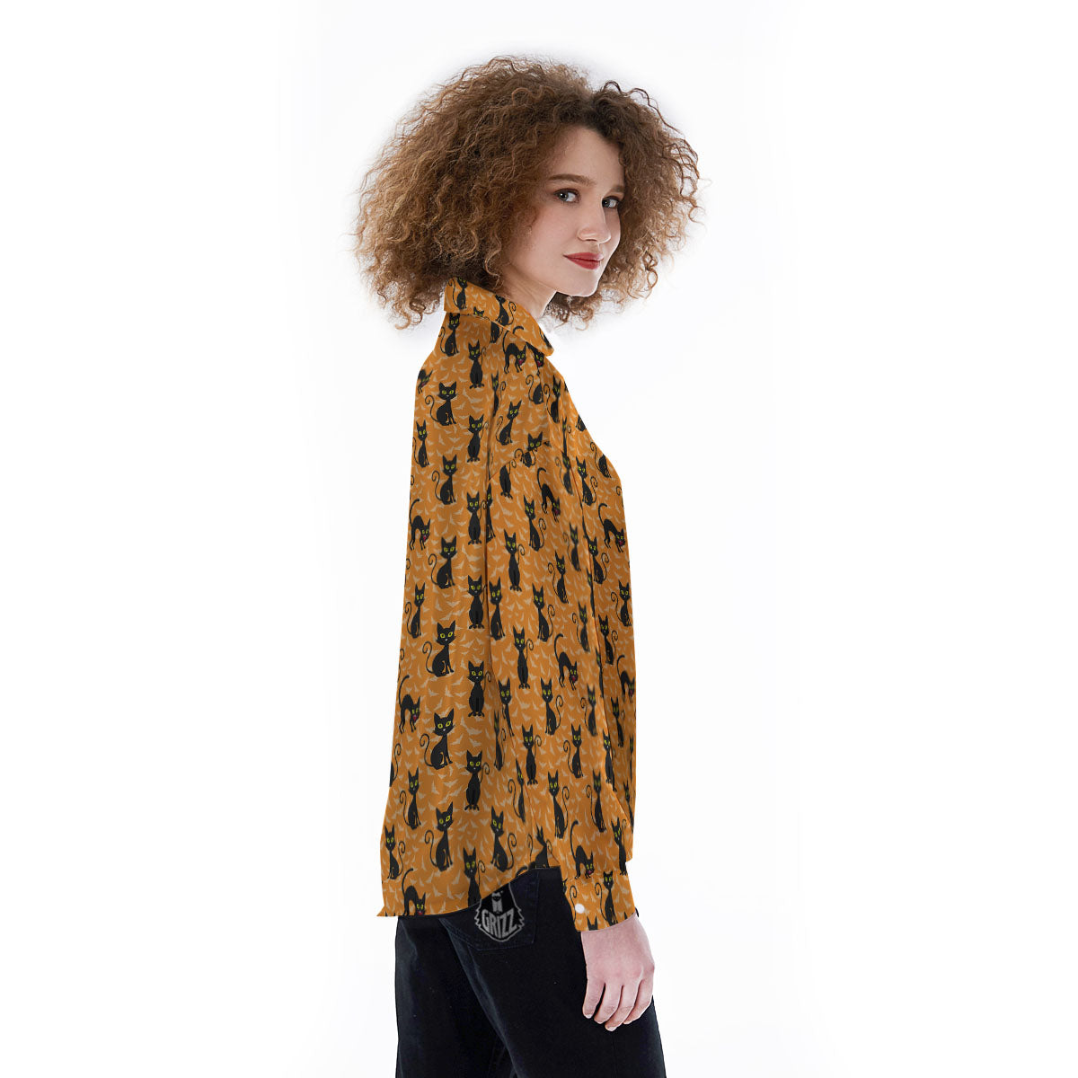 Black Cat Halloween Print Pattern Women's Long Sleeve Shirts-grizzshop