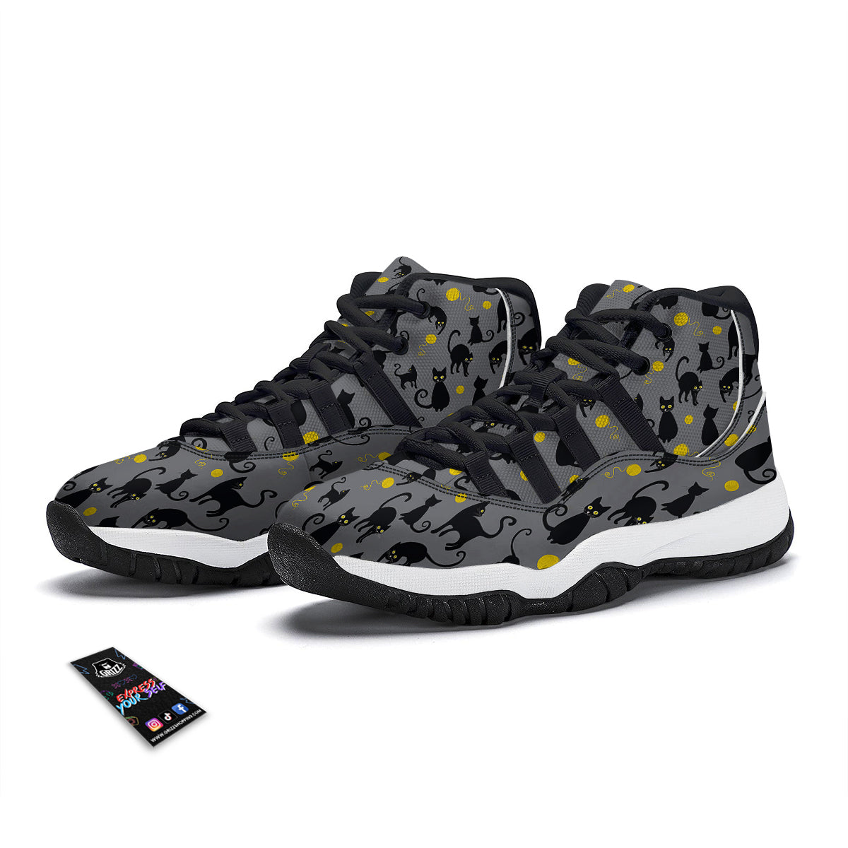 Black Cat Knit Pattern Print Black Bball Shoes-grizzshop