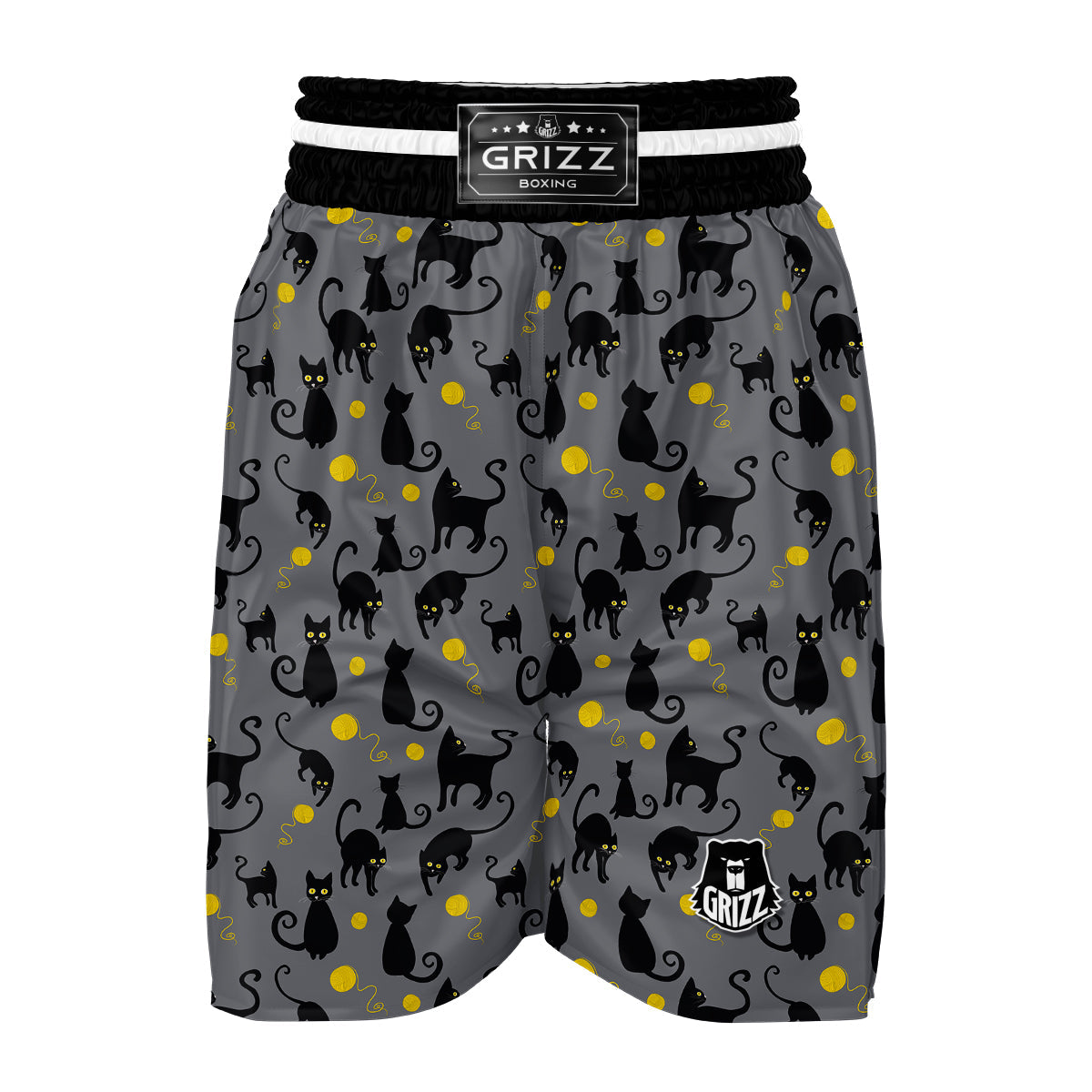 Black Cat Knit Pattern Print Boxing Shorts-grizzshop