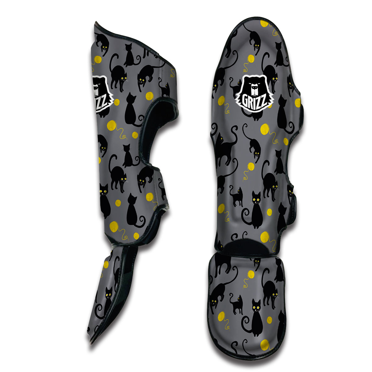 Black Cat Knit Pattern Print Muay Thai Shin Guards-grizzshop