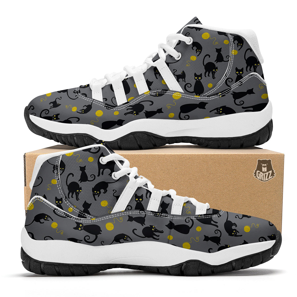 Black Cat Knit Pattern Print White Bball Shoes-grizzshop