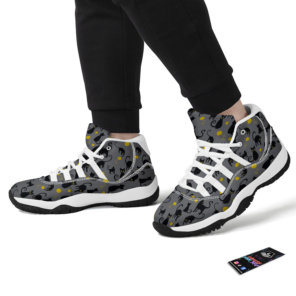 Black Cat Knit Pattern Print White Bball Shoes-grizzshop