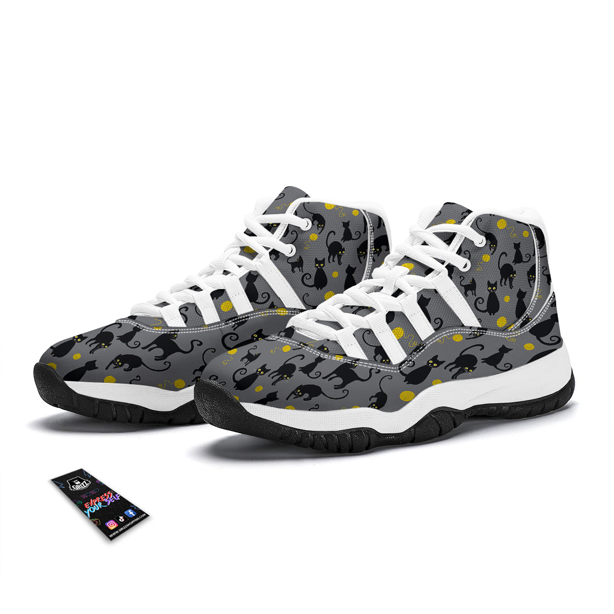 Black Cat Knit Pattern Print White Bball Shoes-grizzshop
