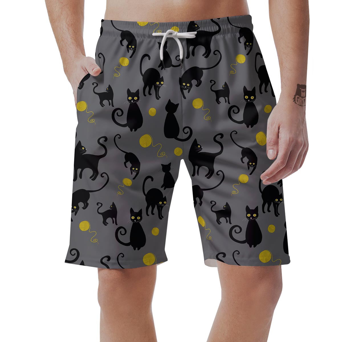 Black Cat Knit Print Men's Shorts-grizzshop