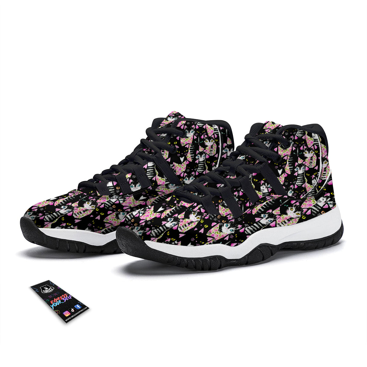 Black Cat Pattern Print Black Bball Shoes-grizzshop
