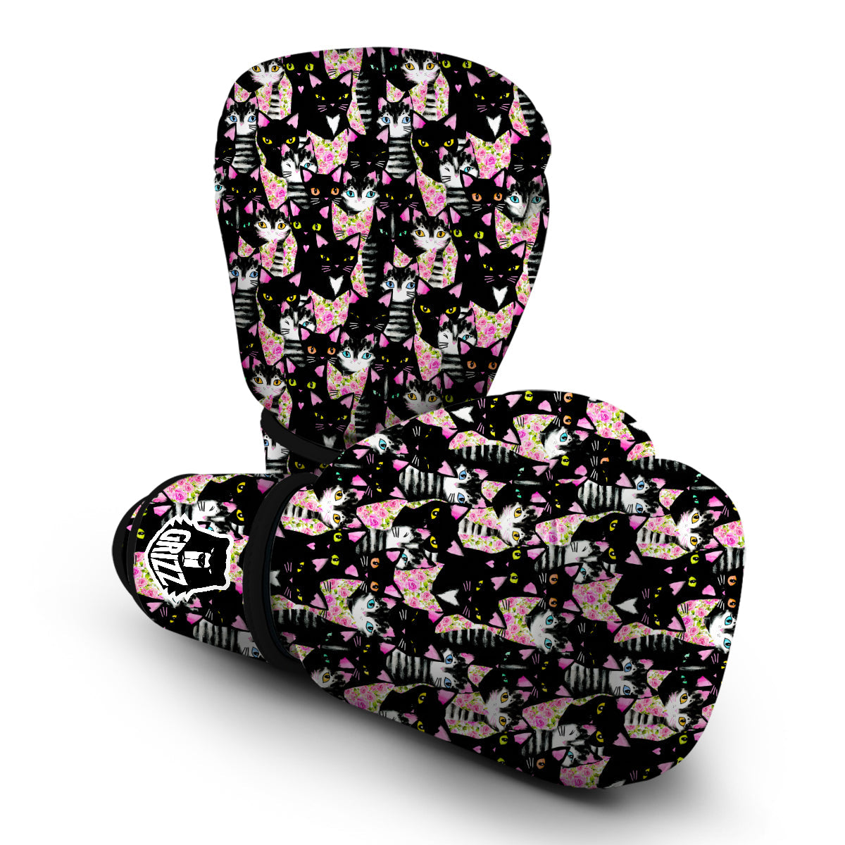 Black Cat Pattern Print Boxing Gloves-grizzshop