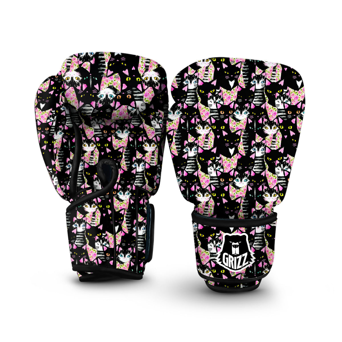 Black Cat Pattern Print Boxing Gloves-grizzshop