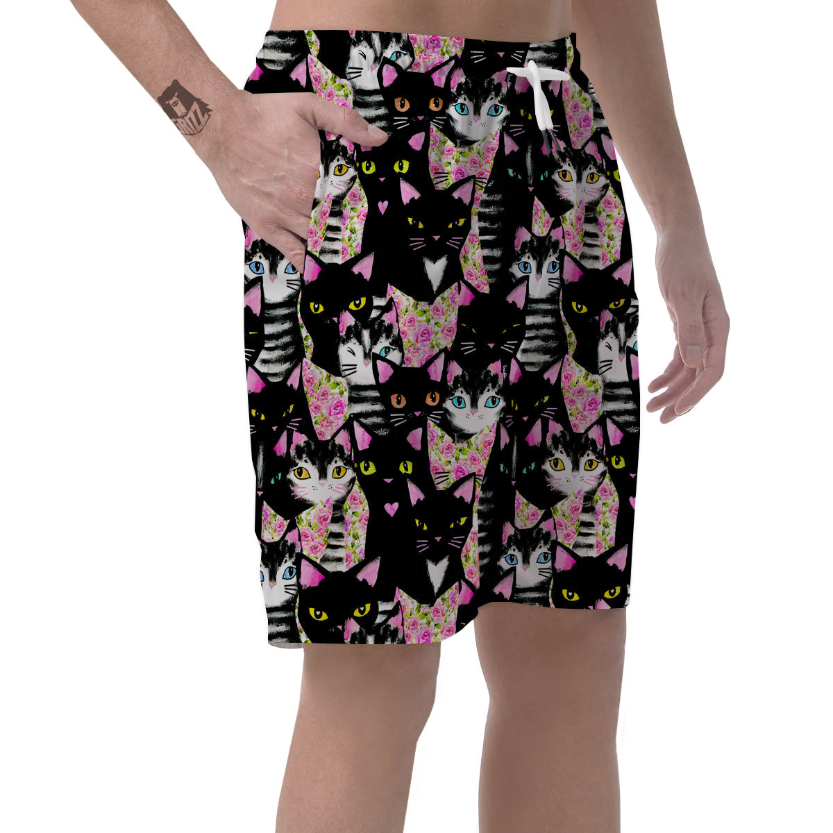 Black Cat Pattern Print Men's Shorts-grizzshop