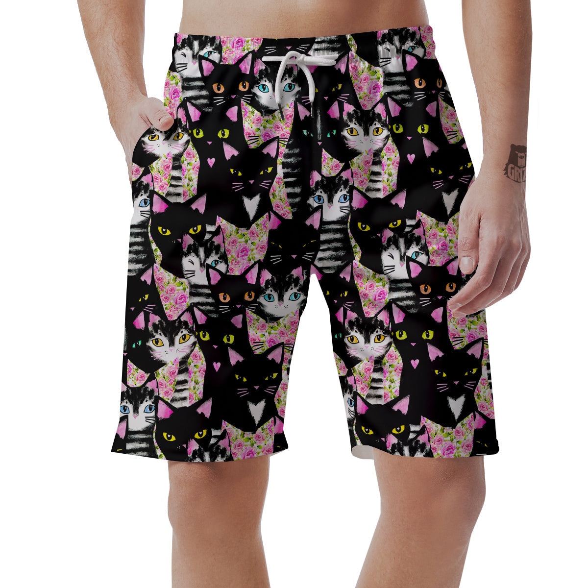 Black Cat Pattern Print Men's Shorts-grizzshop