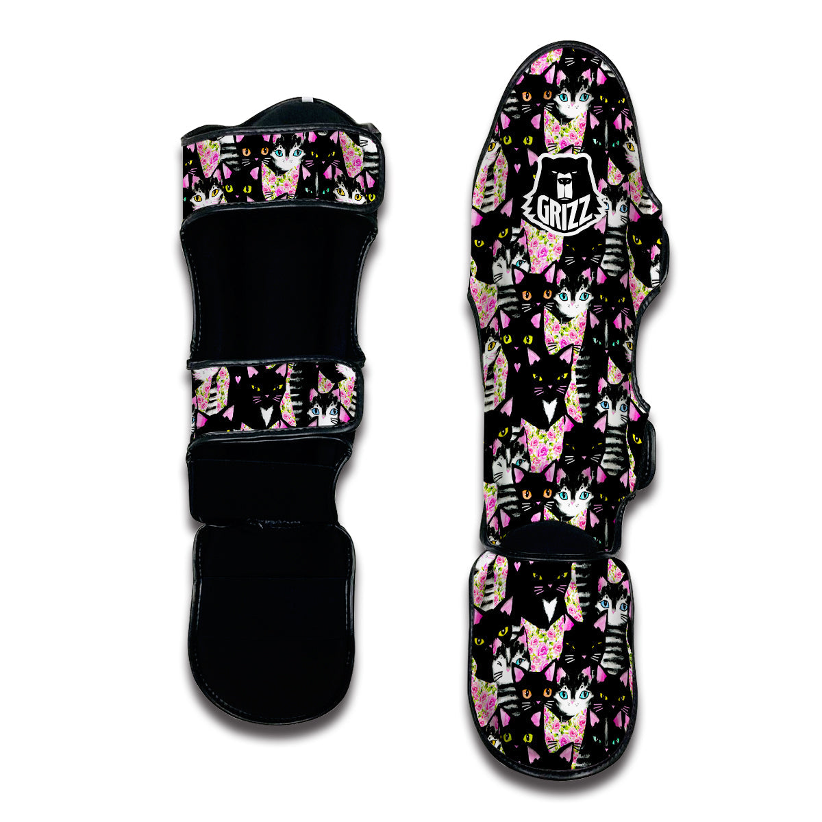 Black Cat Pattern Print Muay Thai Shin Guards-grizzshop