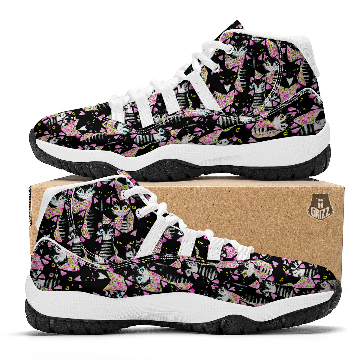 Black Cat Pattern Print White Bball Shoes-grizzshop