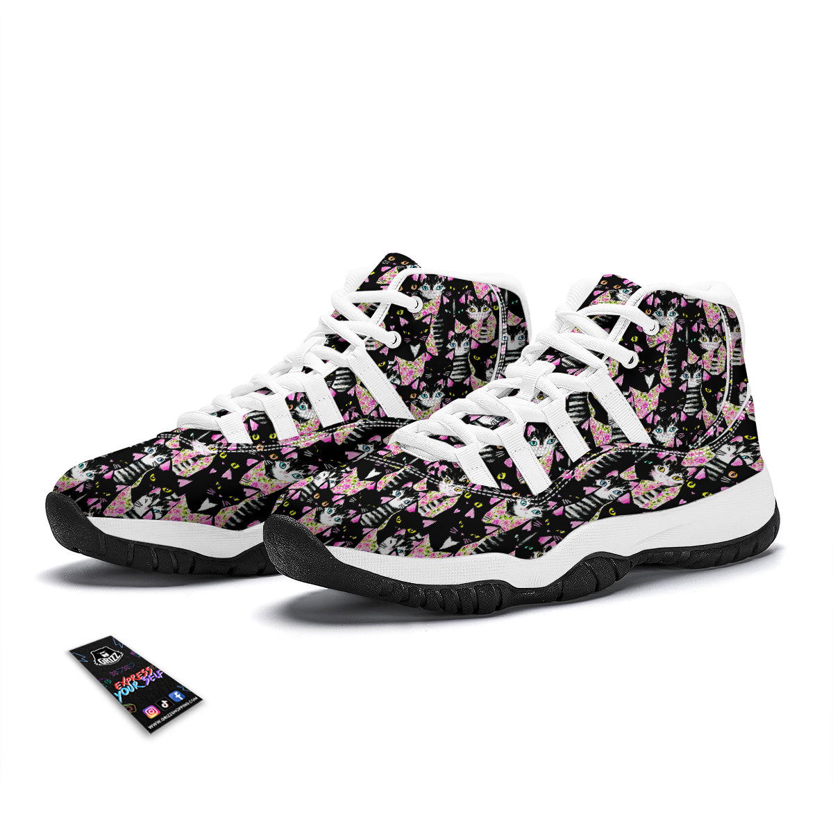 Black Cat Pattern Print White Bball Shoes-grizzshop