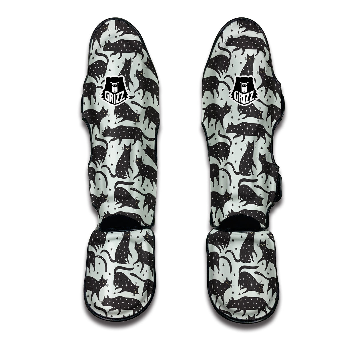 Black Cat Print Pattern Muay Thai Shin Guards-grizzshop