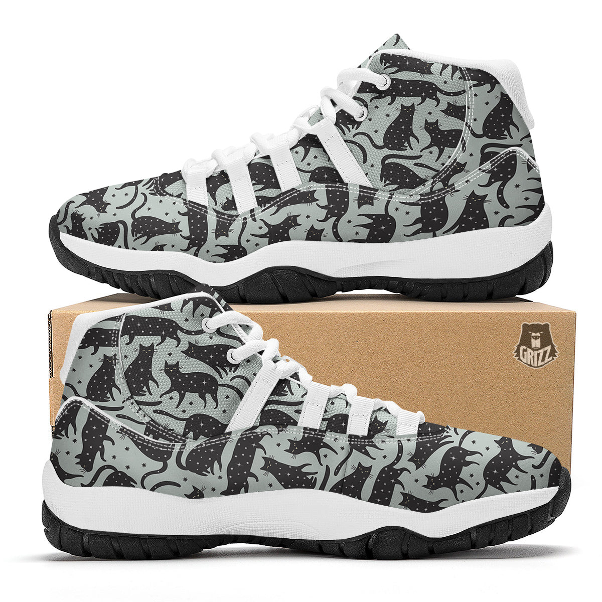 Black Cat Print Pattern White Bball Shoes-grizzshop