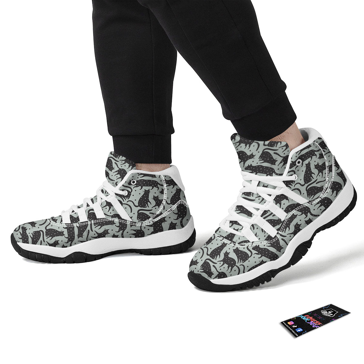 Black Cat Print Pattern White Bball Shoes-grizzshop