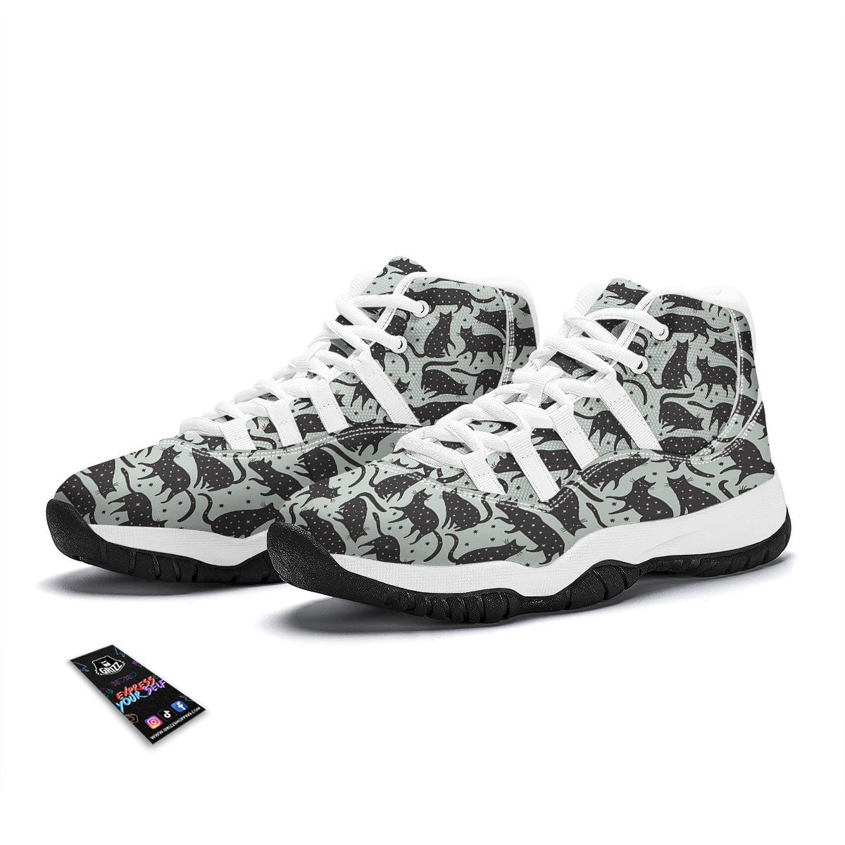 Black Cat Print Pattern White Bball Shoes-grizzshop