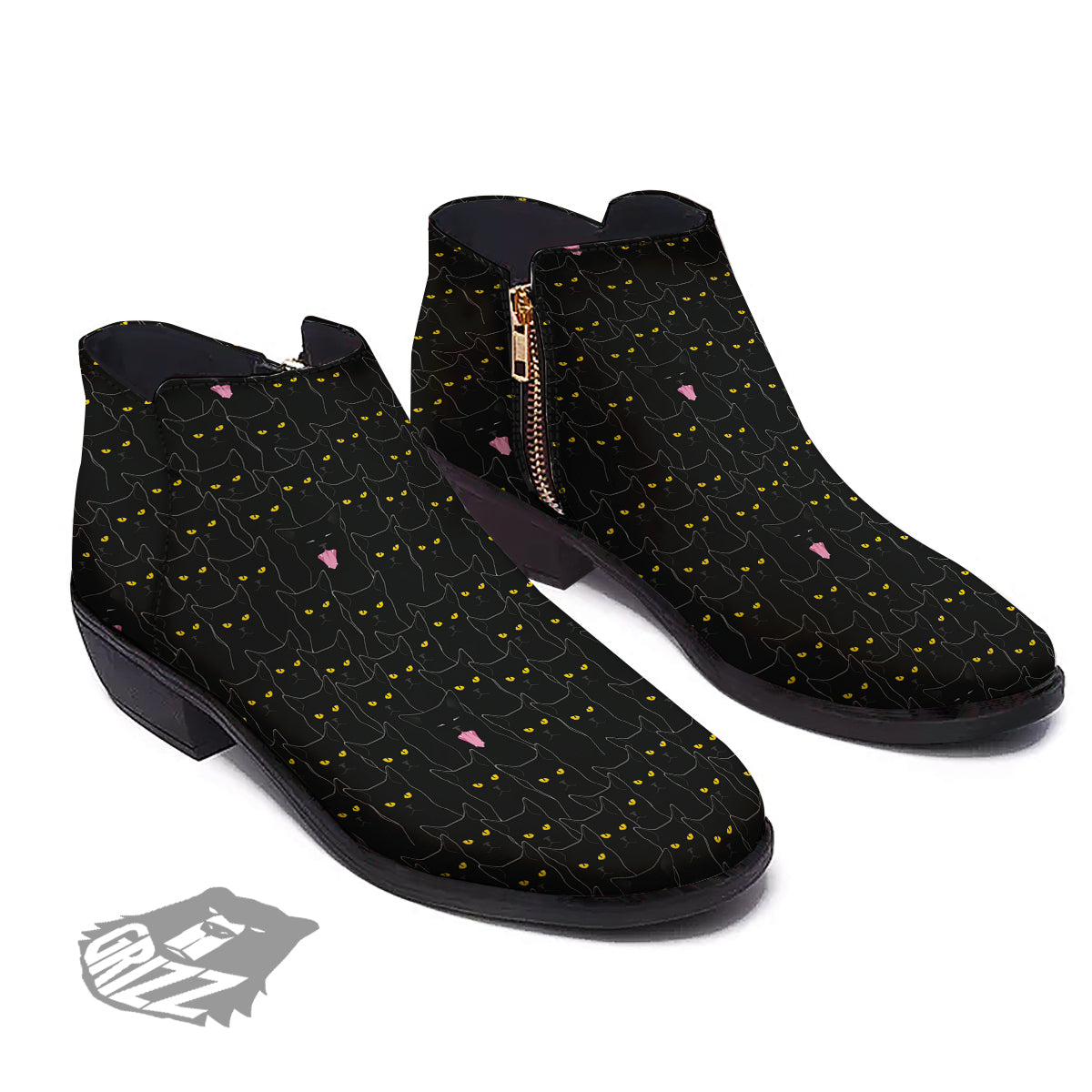 Black Cats Eyes Yellow Print Pattern Ankle Boots-grizzshop