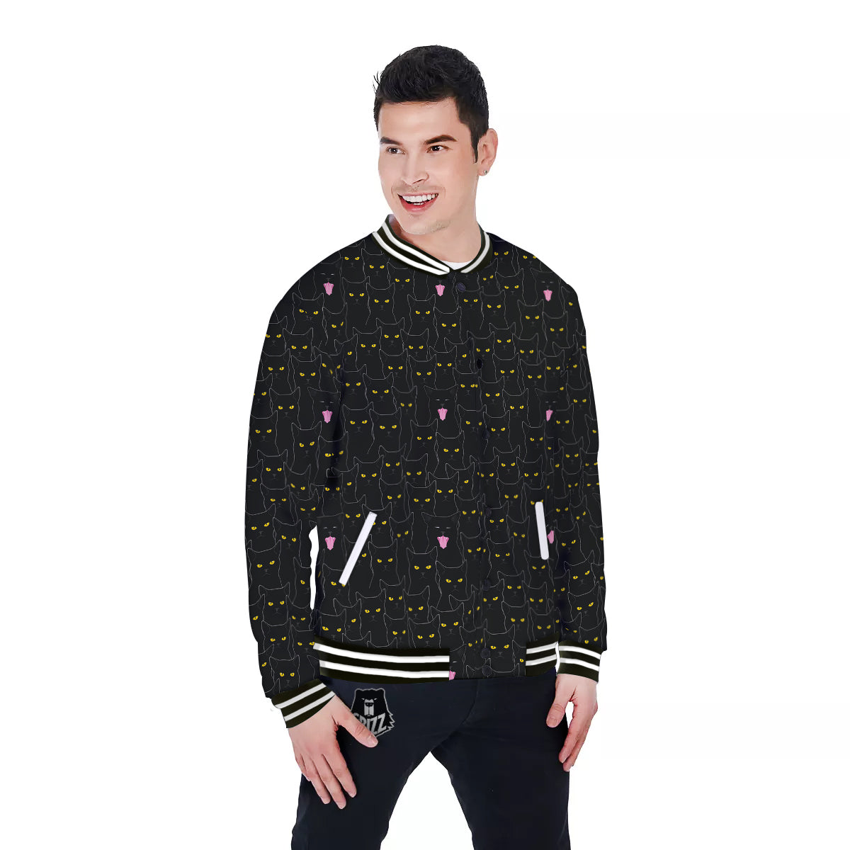 Black Cats Eyes Yellow Print Pattern Baseball Jacket-grizzshop