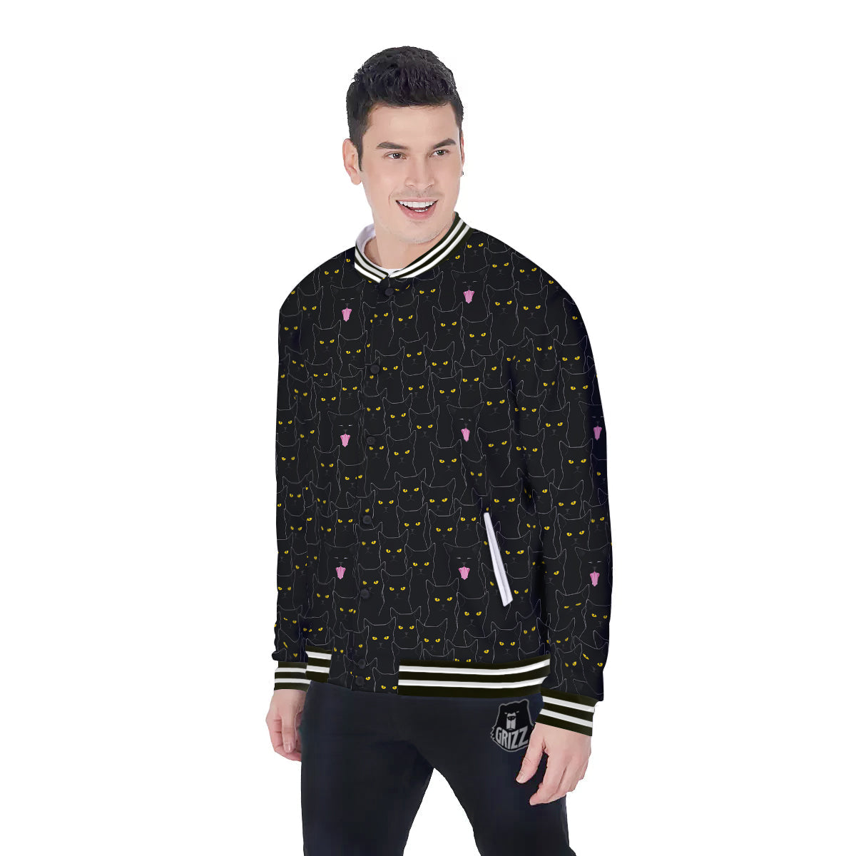 Black Cats Eyes Yellow Print Pattern Baseball Jacket-grizzshop