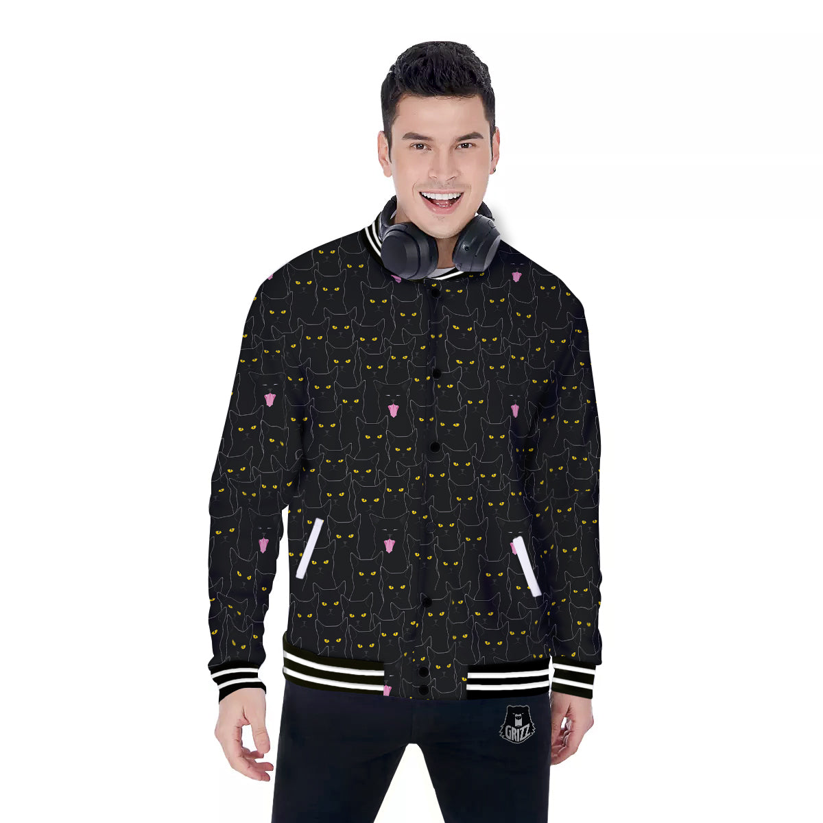 Black Cats Eyes Yellow Print Pattern Baseball Jacket-grizzshop