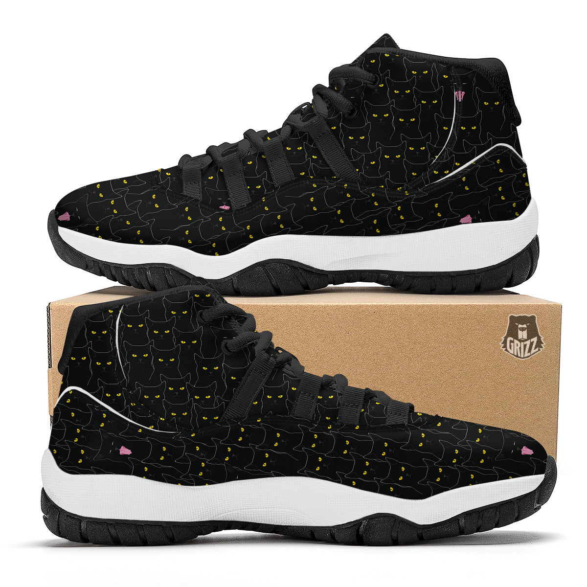 Black Cats Eyes Yellow Print Pattern Black Bball Shoes-grizzshop