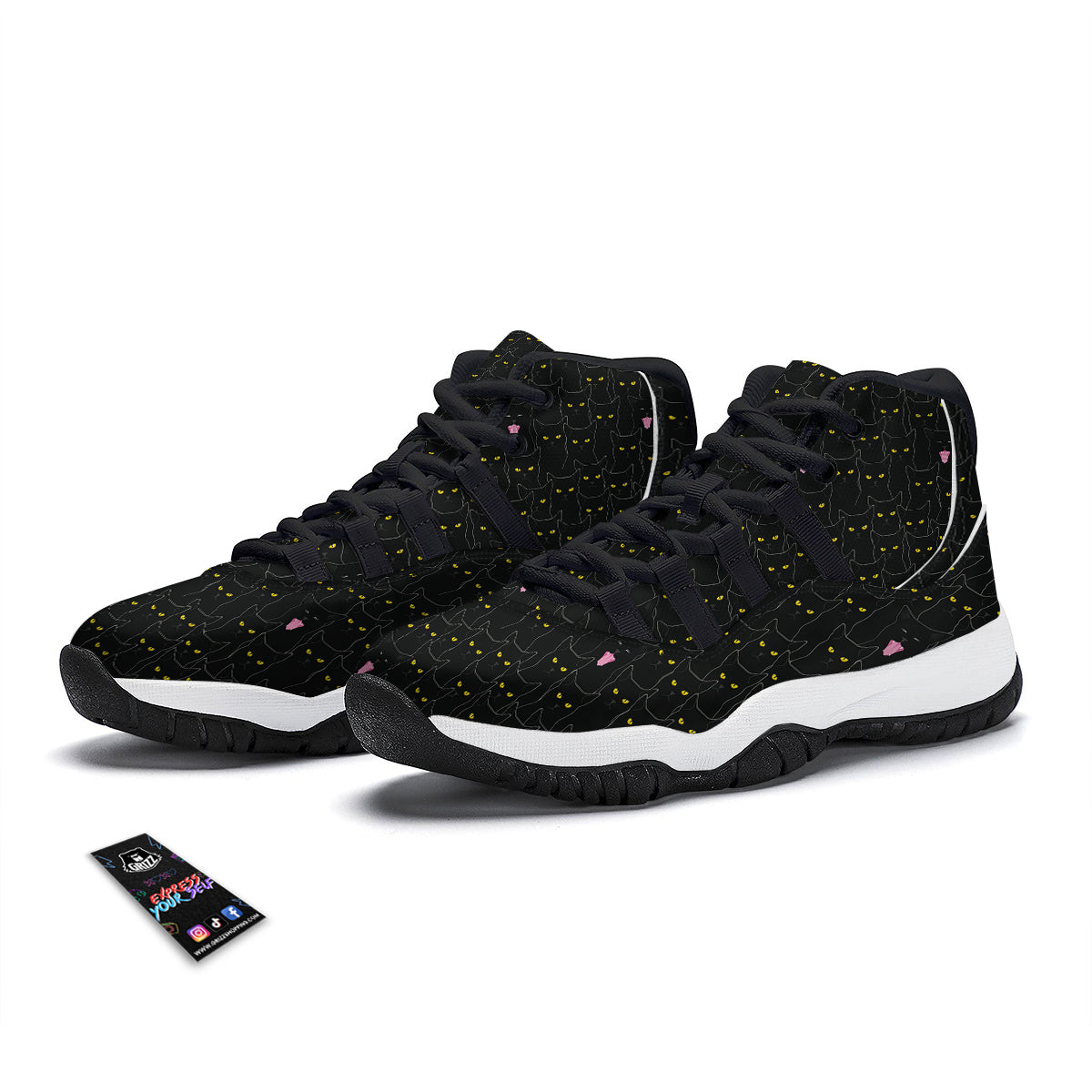Black Cats Eyes Yellow Print Pattern Black Bball Shoes-grizzshop