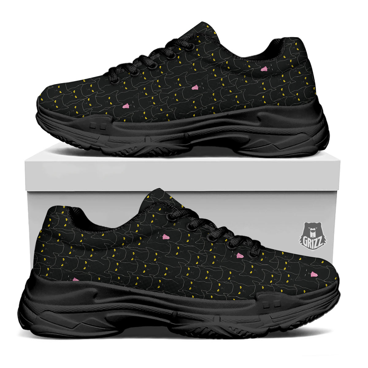 Black Cats Eyes Yellow Print Pattern Black Chunky Shoes-grizzshop