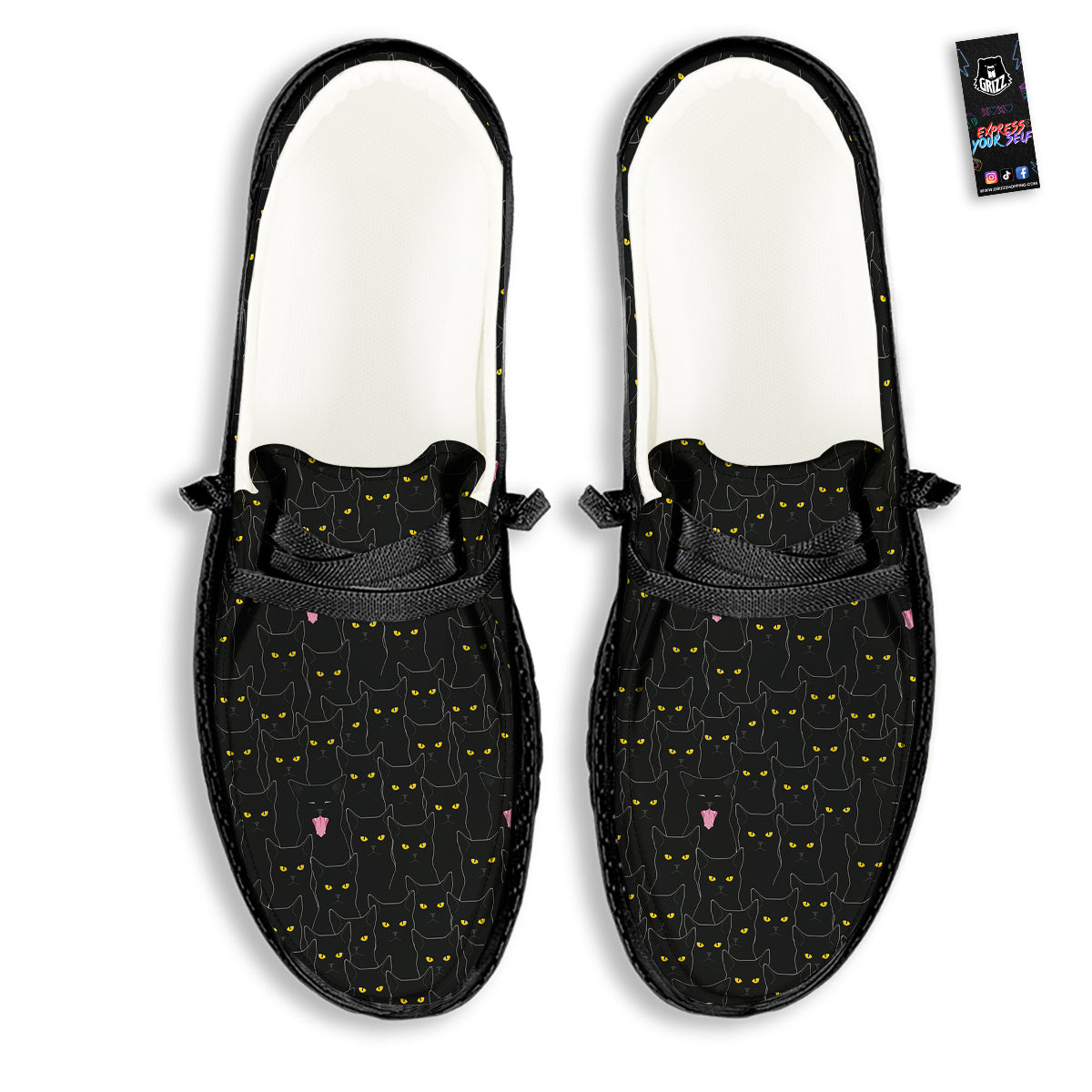 Black Cats Eyes Yellow Print Pattern Black Loafers-grizzshop