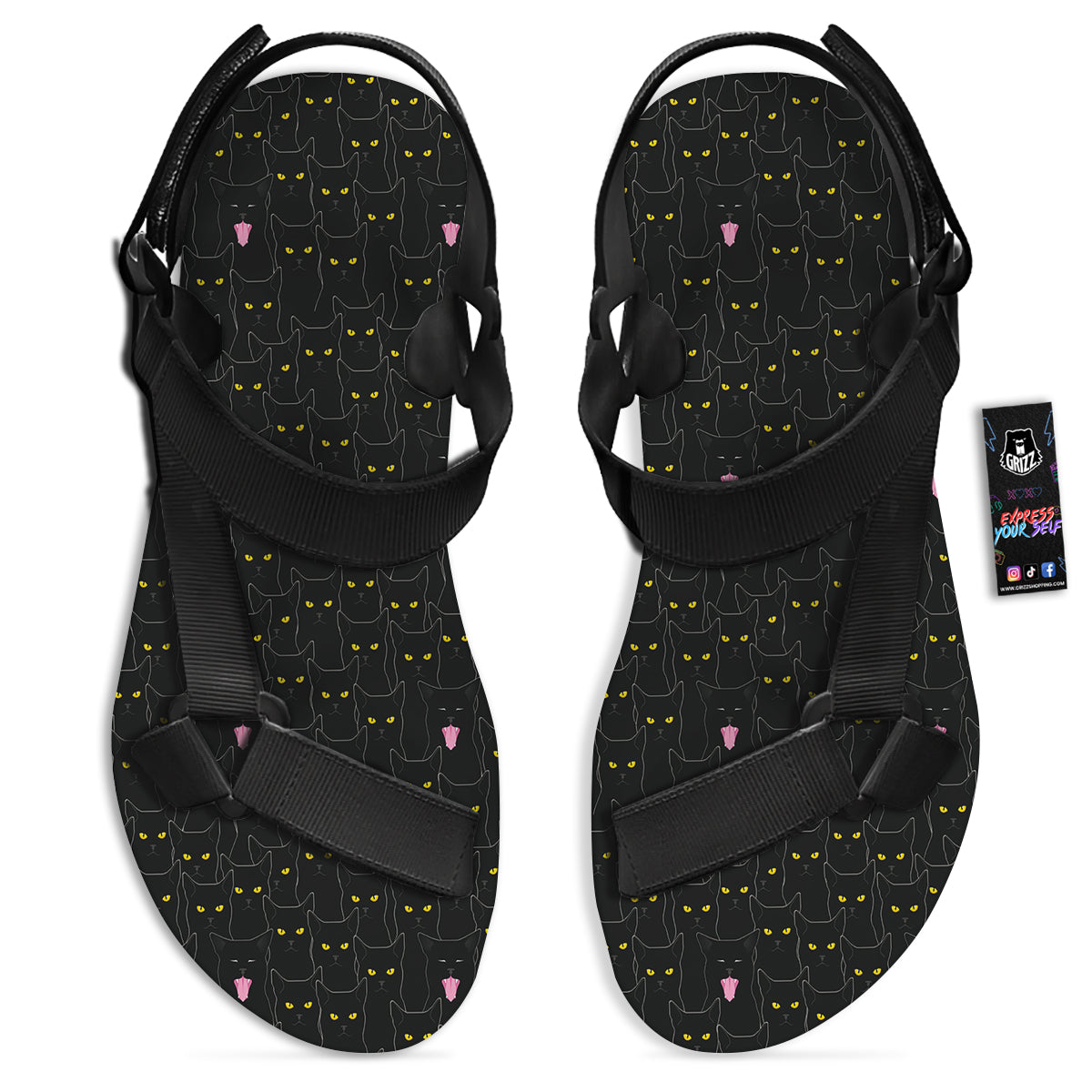 Black Cats Eyes Yellow Print Pattern Black Open Toe Sandals-grizzshop