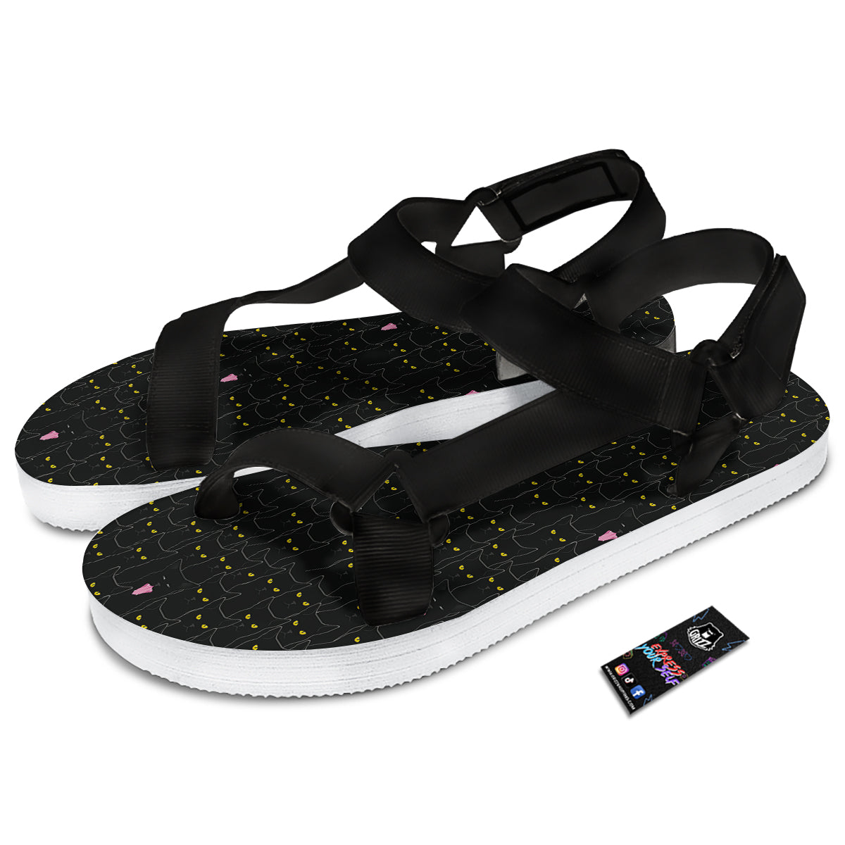 Black Cats Eyes Yellow Print Pattern Black Open Toe Sandals-grizzshop