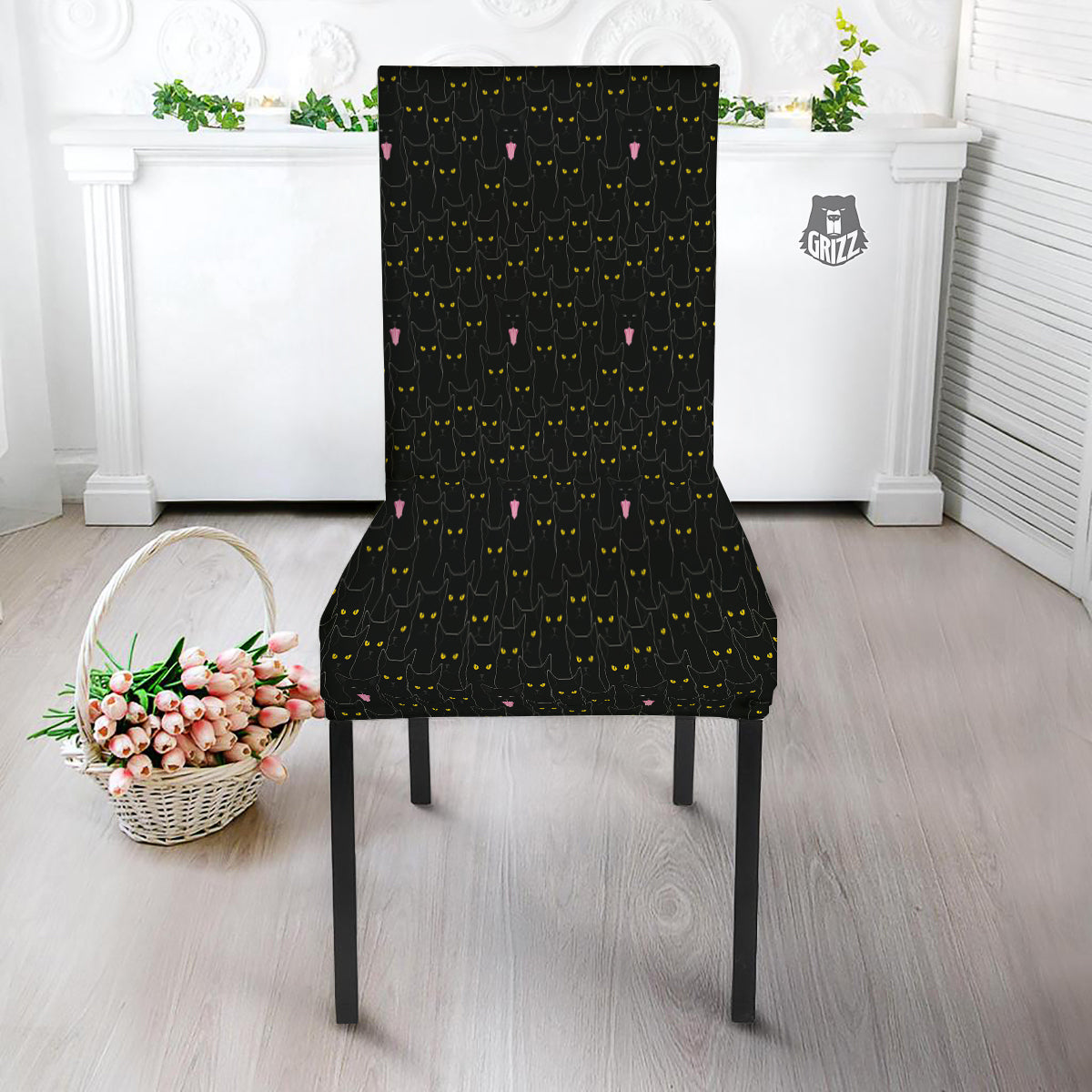 Black Cats Eyes Yellow Print Pattern Dining Chair Slipcover-grizzshop