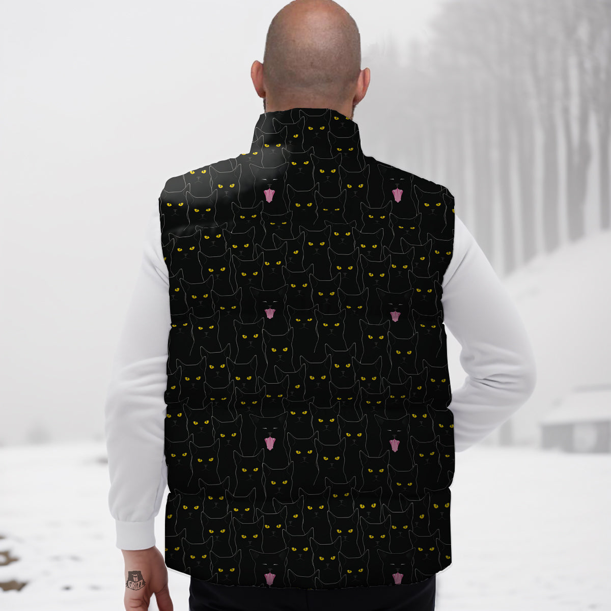 Black Cats Eyes Yellow Print Pattern Down Vest