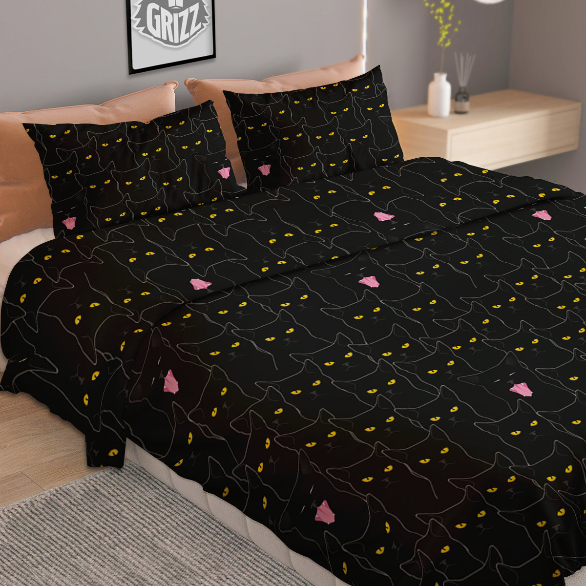 Black Cats Eyes Yellow Print Pattern Duvet Cover Bedding Set