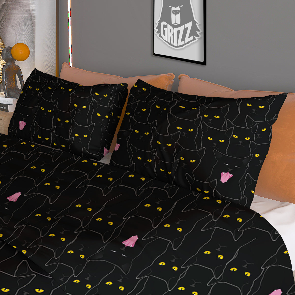 Black Cats Eyes Yellow Print Pattern Duvet Cover Bedding Set