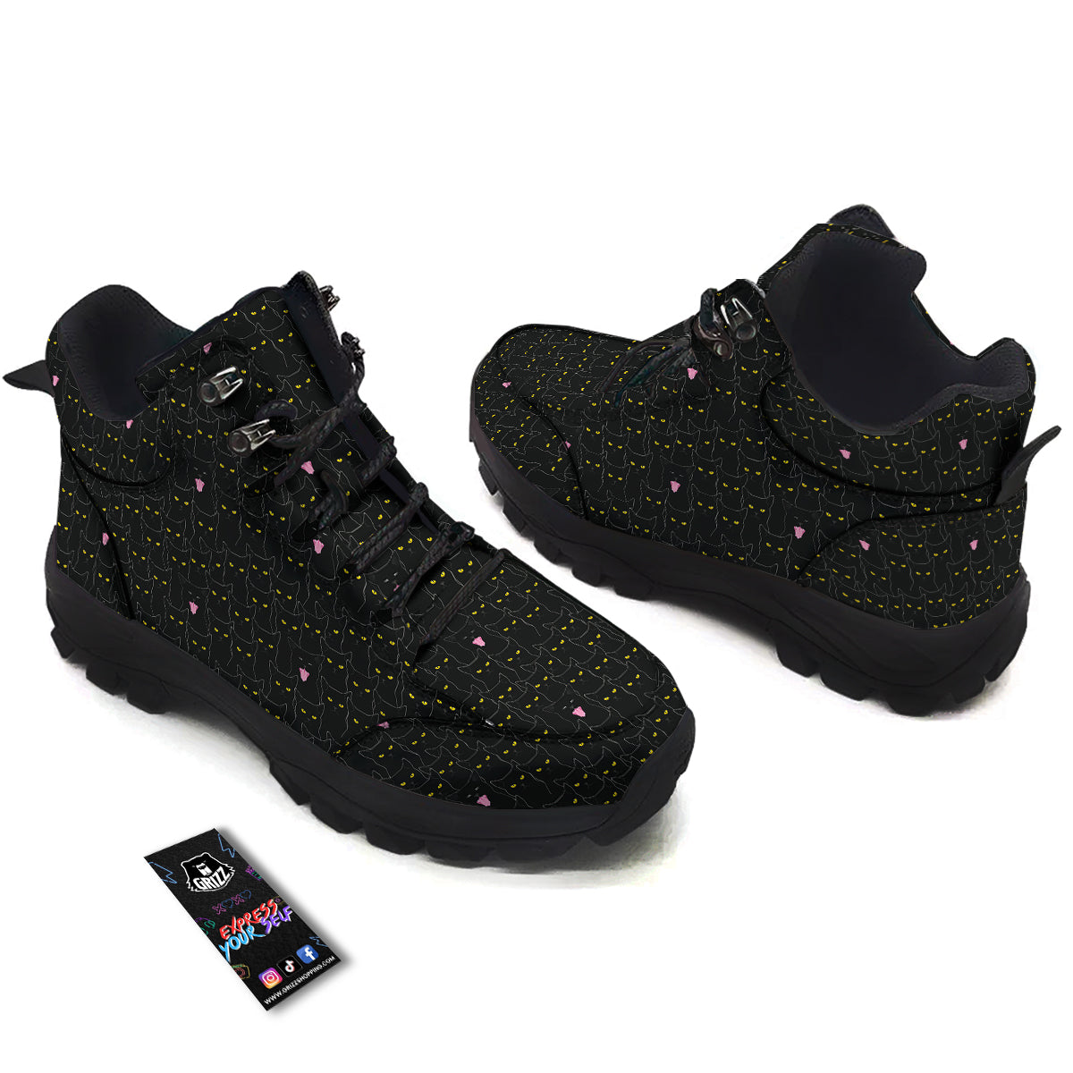 Black Cats Eyes Yellow Print Pattern Hiking Shoes-grizzshop